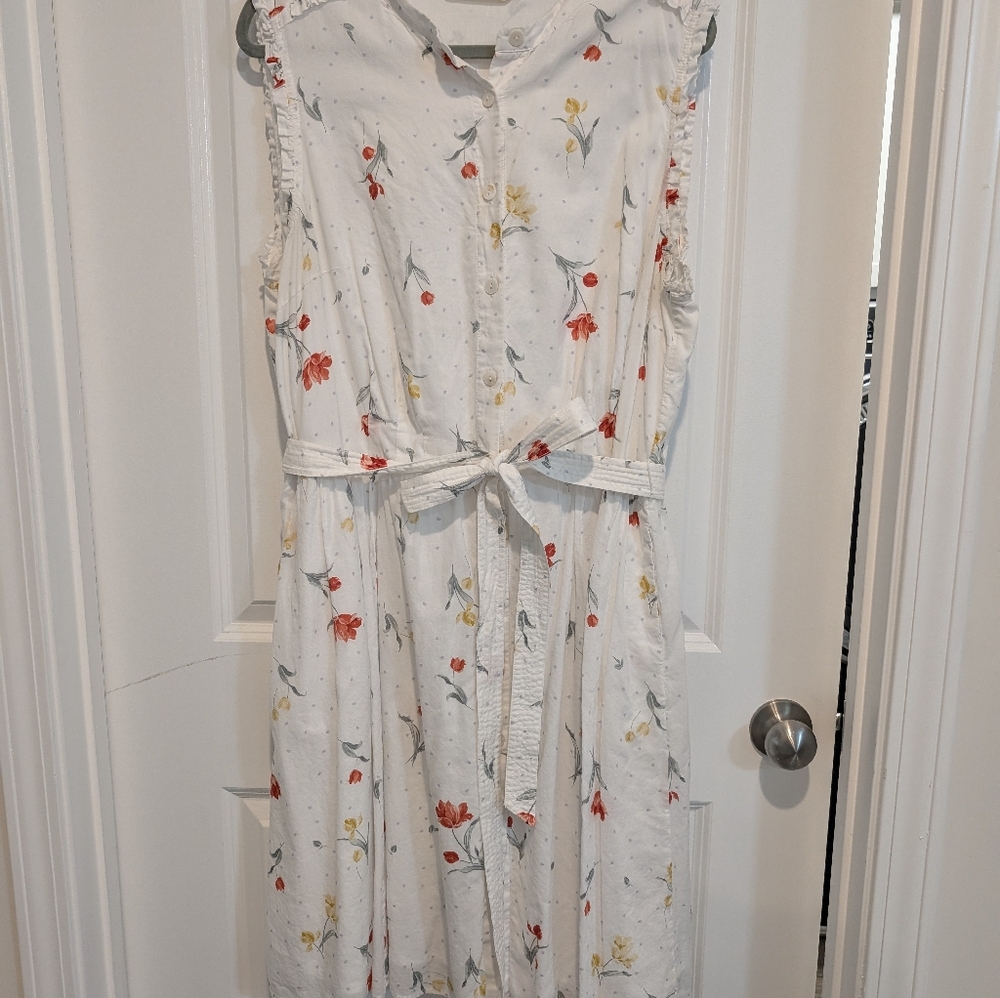 eshakti White Floral Print Sleeveless Tie-Waist Dress with Red and Yellow Blooms